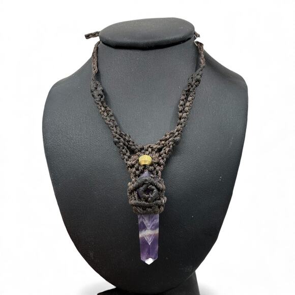 Brown Macrame Purple Amethyst Necklace with Golden Bead Adjustable Size - Picture 1 of 6